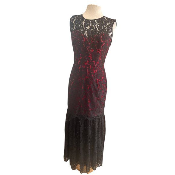 Milly Black Red Lace Sleeveless Midi Dress Size 10 Made in USA Floral Overlay Co - Picture 2 of 12